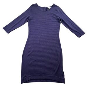 Neiman‎ Marcus L Navy Ribbed Bodycon Sheath Dress 3/4 Sleeve Back Zip